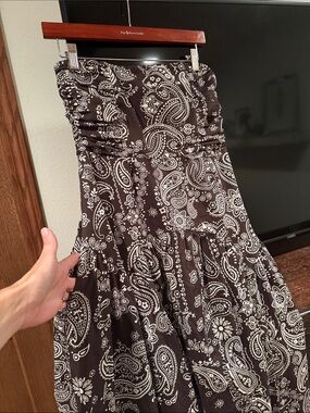 Brown & White Bandana print Strapless Dress